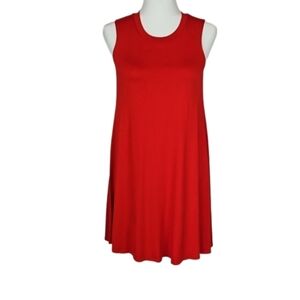 Red Sleeveless Dress Swing Crew Neck Soft Jersey Casual Dress, Women's Size S